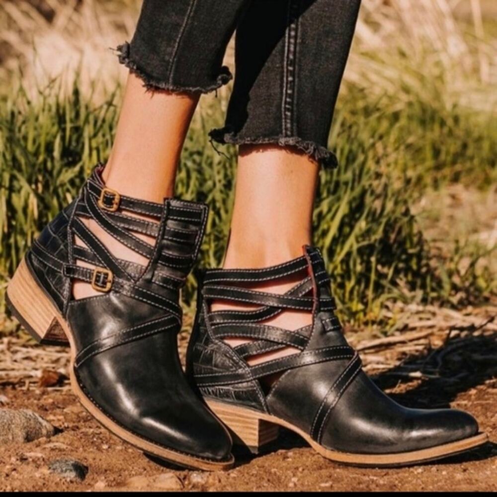 Freebird Womens Steven Stair Leather Ankle Boots 9 Black Strappy Western Boho